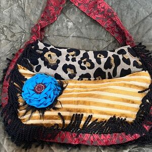 Eclectic Leopard & Gold Stripe Shoulder Bag with Blue Flower Accent